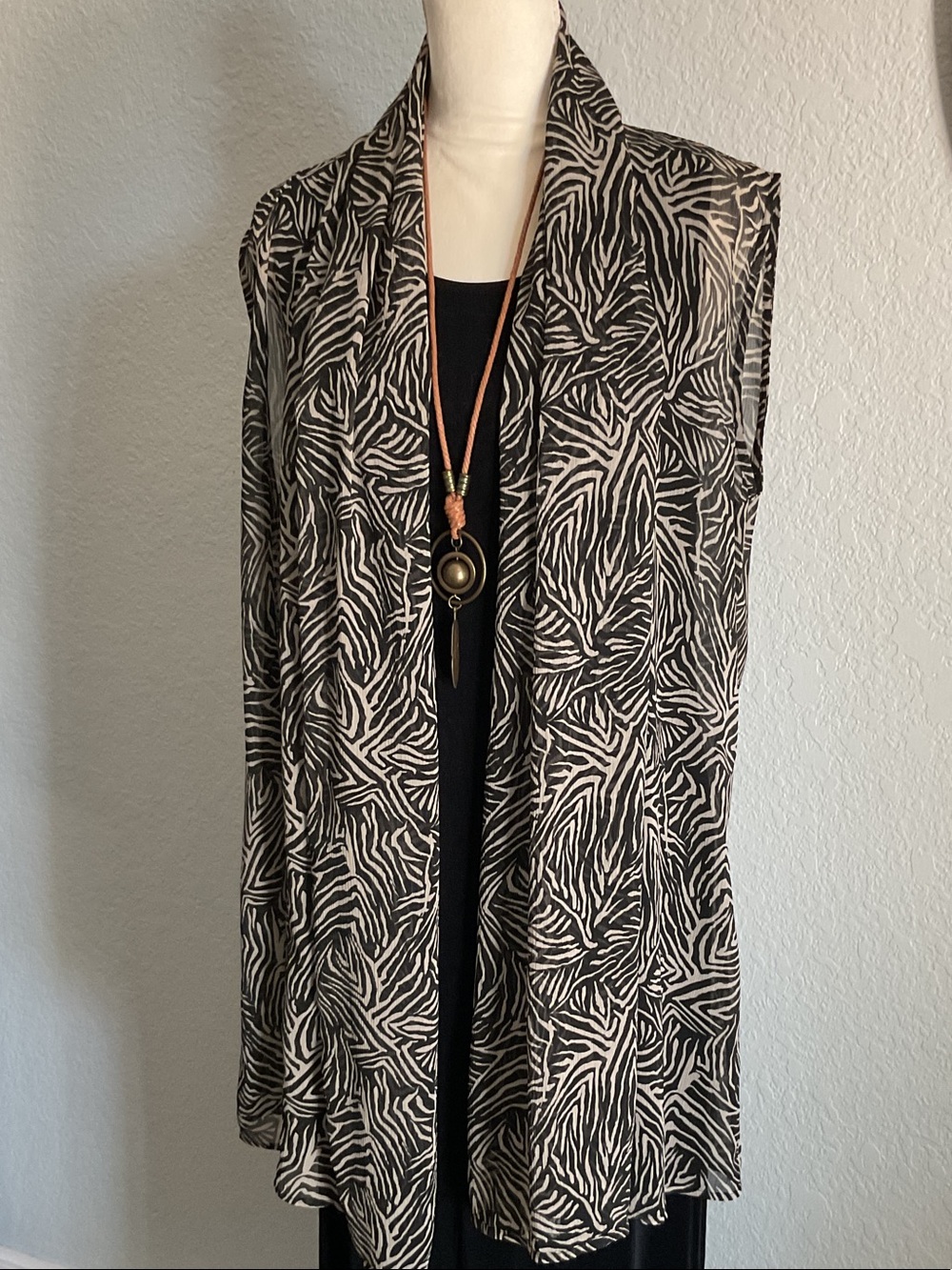 Black & Cream Zebra Print Open Front Duster Vest